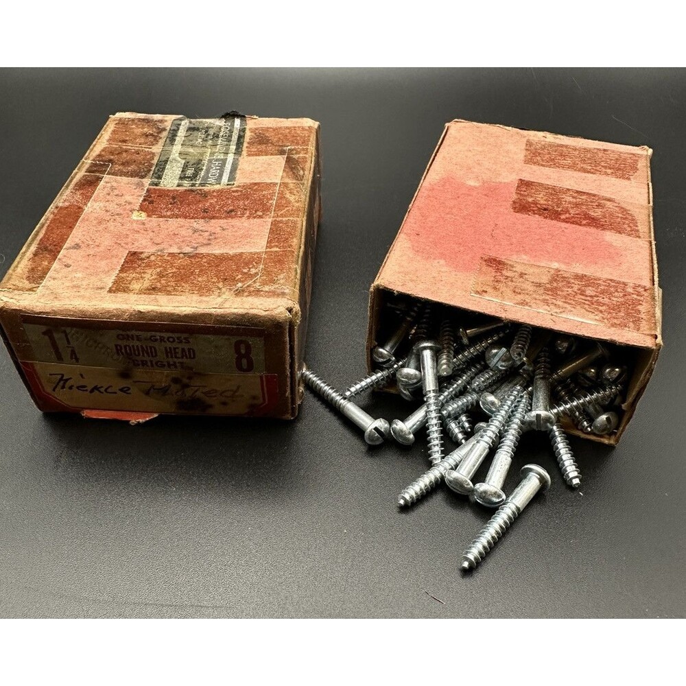 Box of Vintage Round Head Bright Wood Screws 1 1/4"x8, 1 Gross - 12 OZ